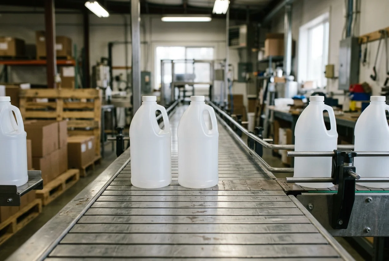 Generic bottles spaced on a stationary conveyor